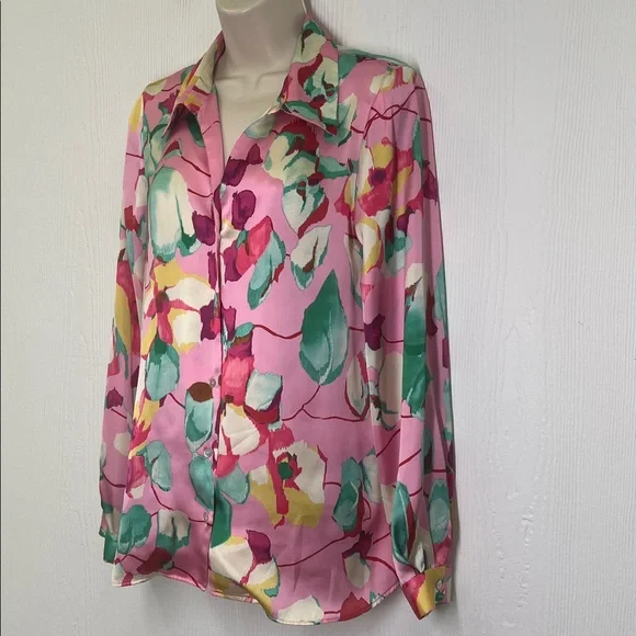 Zara - Bright Colorful Floral Satin Effect Button Down Long Sleeve Blouse Size S - Picture 5 of 9